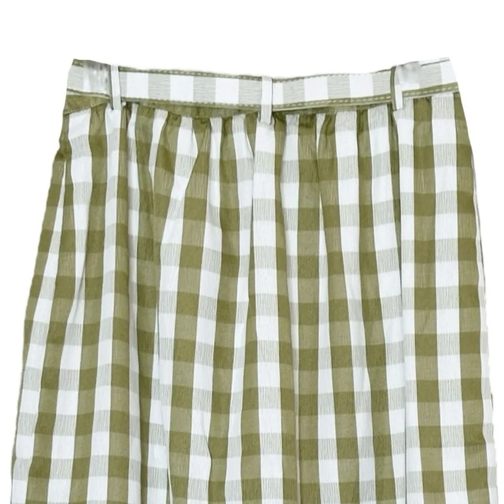 ModCloth A-line Skirt 10 NWT Green Gingham Plaid Retro Belted Button Front